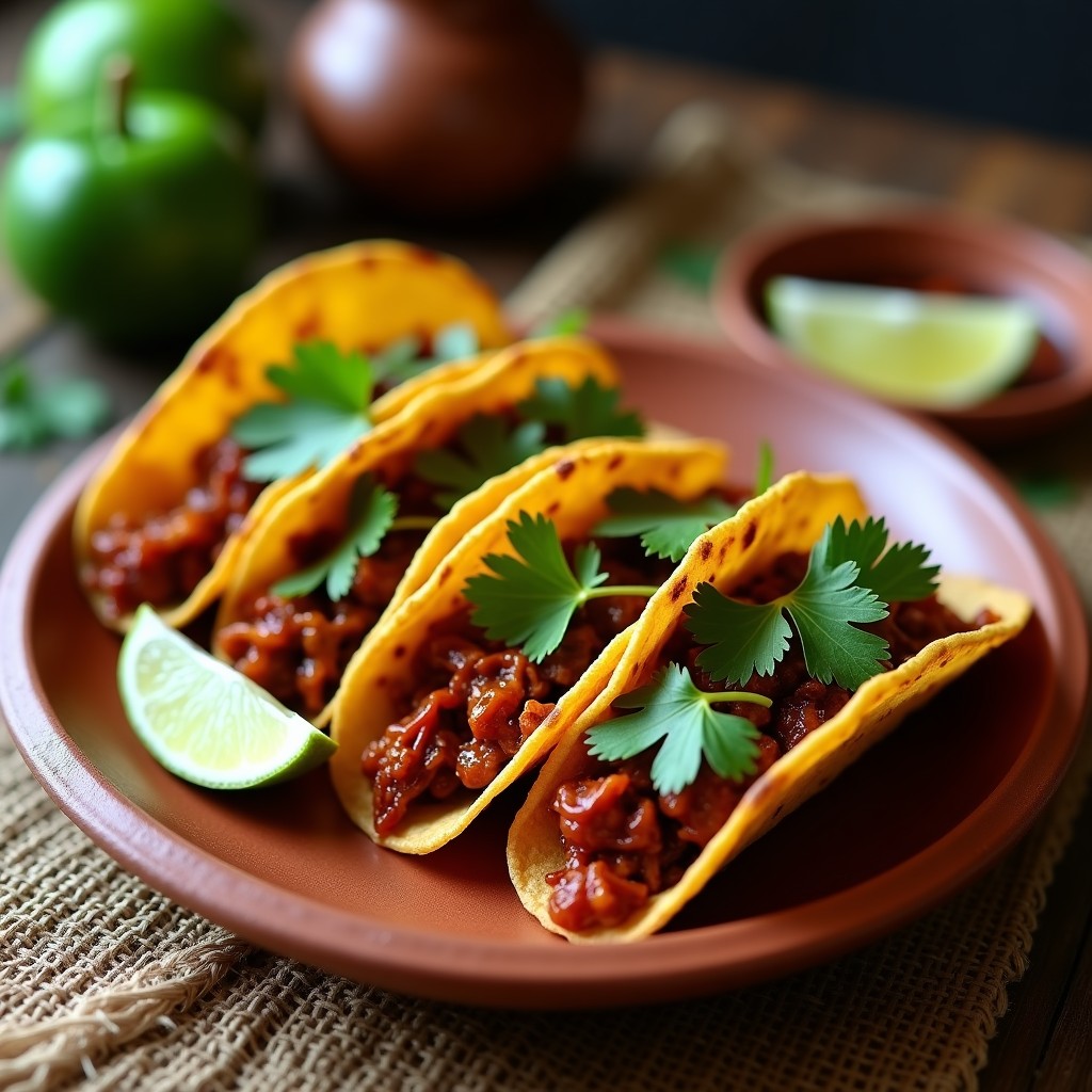 Tacones de jackfruit desmenuzado con adobo chipotle en tortillas de maíz tostadas, acompañados de aguacate en cubos, cilantro fresco y jugo de lima, servidos en una tabla de madera rústica con fondo borroso.