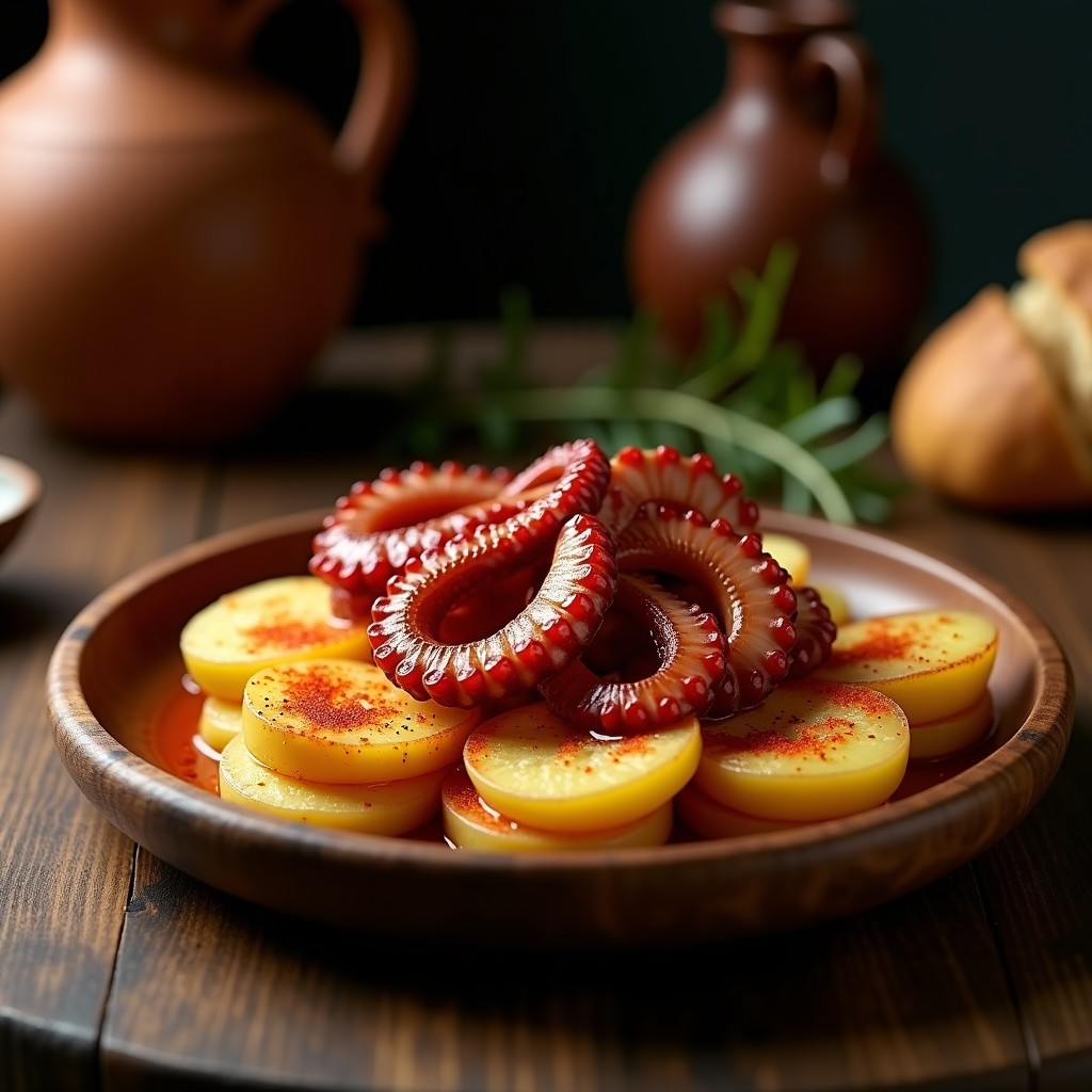 Plato de madera rústico con tacones de pulpo a la gallega dorados, rodajas de patata gallega y espolvoreados con pimentón de la Vera, típico de la cocina gallega.