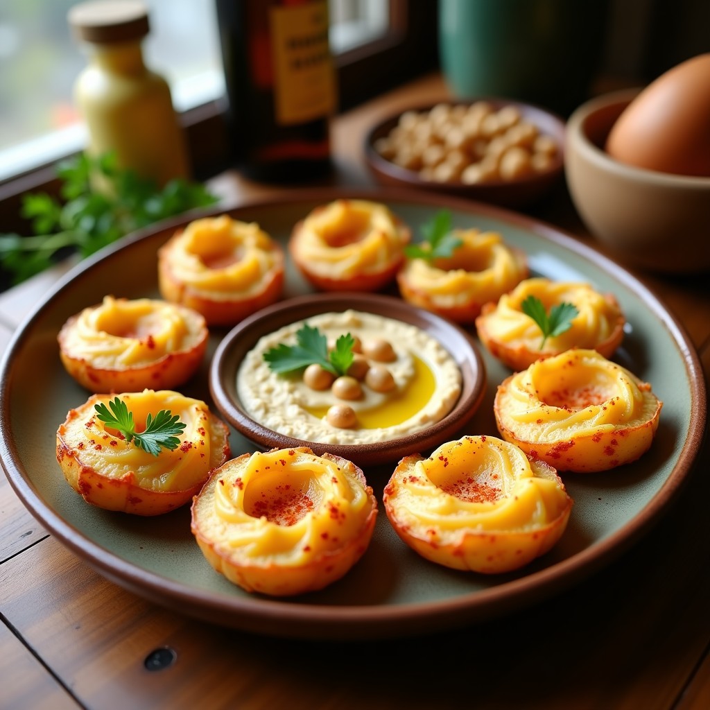 Tacones de papa dorados y crujientes rellenos de hummus ahumado cremoso, decorados con perejil fresco y pimentón dulce, servidos en un plato rústico.
