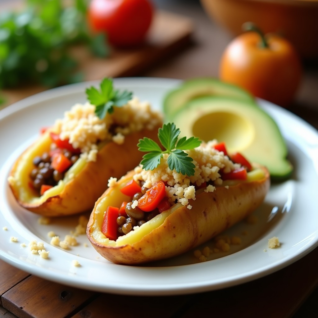 Tacones de papa dorados y crujientes rellenos de picadillo vegetal de lentejas, servidos en un plato de cerámica blanca con fondo rústico.