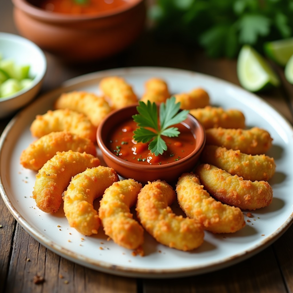 Plato blanco rústico con tacones de papaya verde dorados y crujientes, acompañados de un cuenco pequeño con mojo piquero rojo. Receta tradicional canaria de aperitivo.