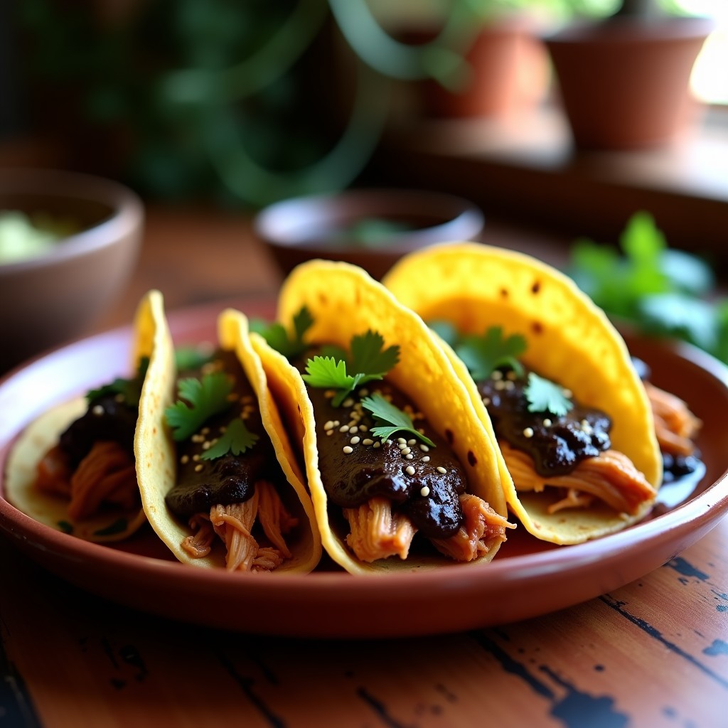 Plato de tacones de maíz gruesos rellenos de pollo deshebrado, bañados en mole negro oaxaqueño oscuro y brillante, decorados con semillas de sésamo y cilantro, sobre un mantel de barro rústico.