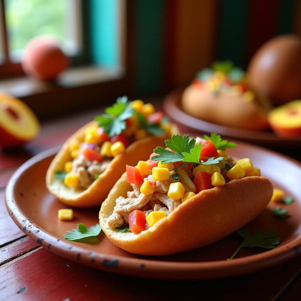 Tacones de pan bolillo rellenos de mezcla cremosa de atún y huevo duro, decorados con cubos de durazno en almíbar y cilantro fresco, servidos en plato rústico de barro.