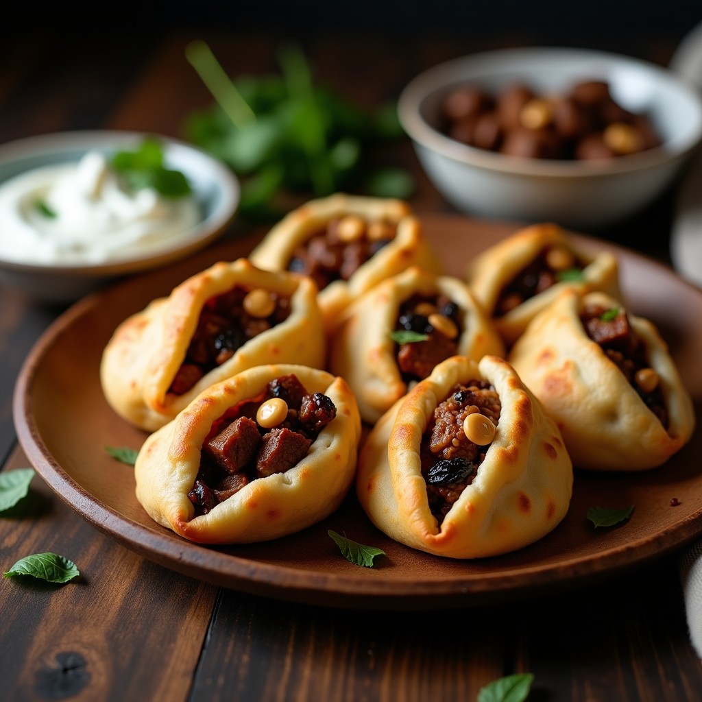 Tacones de pan de pita dorados y crujientes rellenos de una mezcla jugosa de cordero lechal, berenjena asada, piñones y pasas, servidos en una bandeja de madera rústica con yogur griego y menta fresca al lado. Receta árabe tradicional de tacones rellenos de cordero y berenjena.