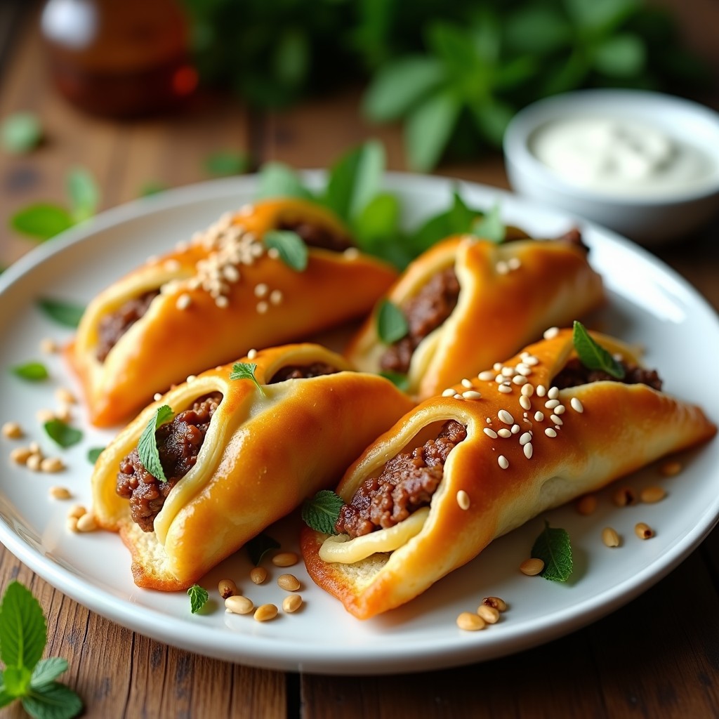 Tacones de hojaldre dorados y crujientes rellenos de cordero picado, menta fresca y piñones, cocinados en airfryer, servidos en plato de cerámica blanca con semillas de sésamo.