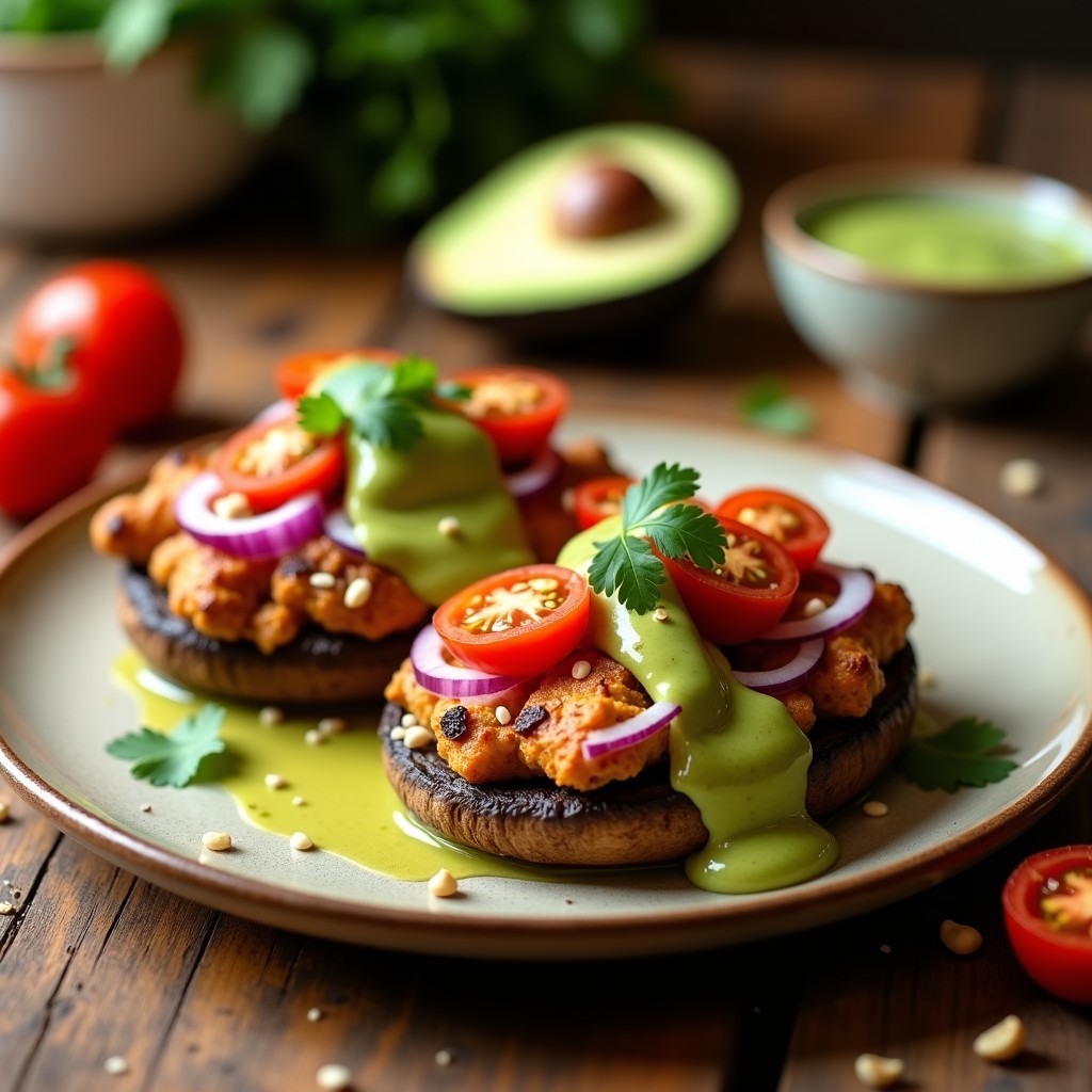Tacones veganos de hongos portobello asados rellenos de cebolla morada, tomate cherry y salsa cremosa de aguacate, con semillas de sésamo tostado. Plato colorido y apetitoso sobre fondo de madera rústica.