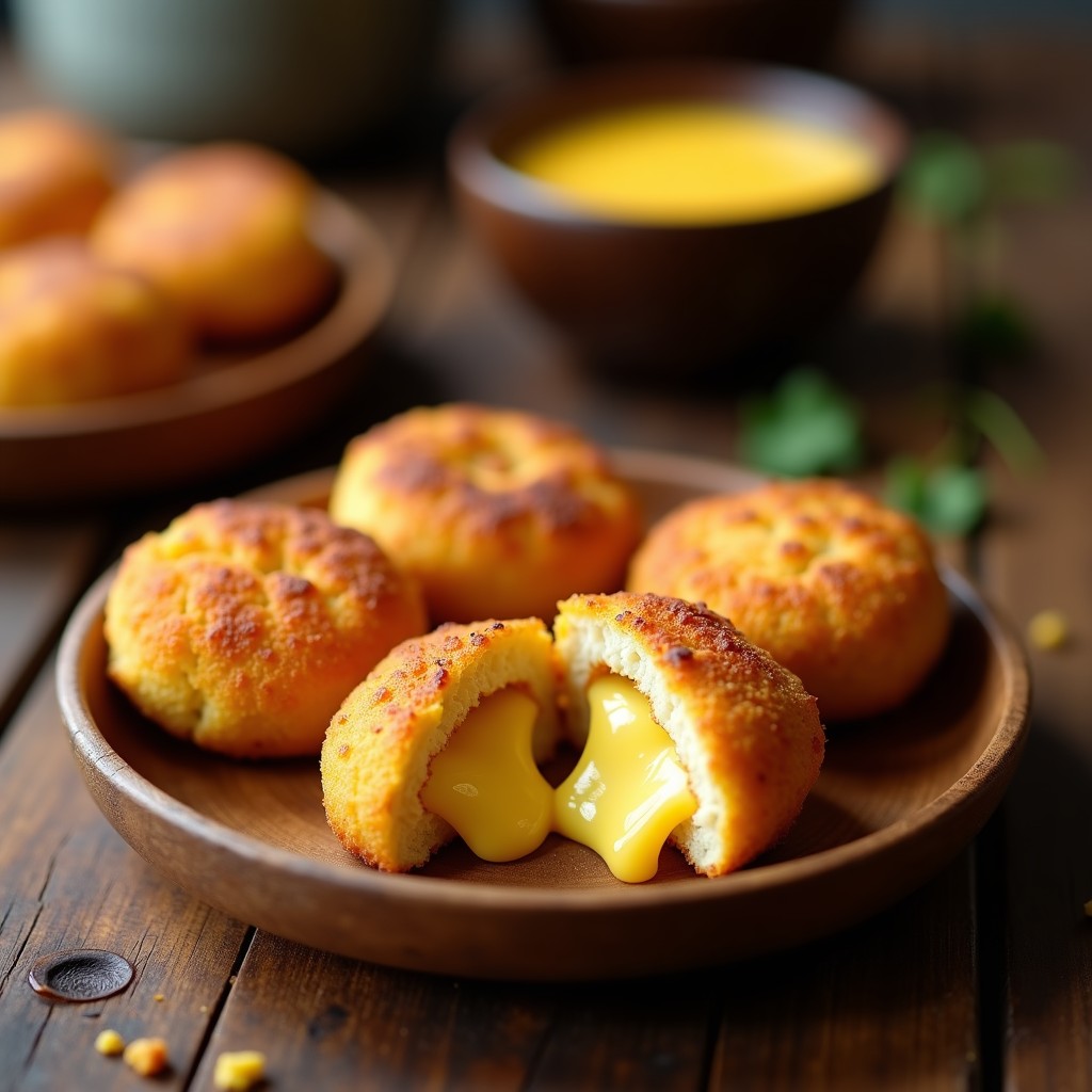 Tacones venezolanos dorados y crujientes rellenos de queso Guayanés derretido, servidos en un plato de madera rústico con fondo desenfocado.