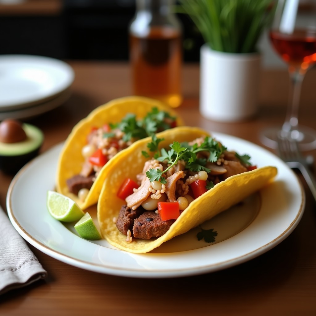 Plato tradicional mexicano con tacos de tortilla de maíz azul rellenos de curuato dorado en salsa de chile guajillo, piña fresca en cubos, cebolla morada y cilantro, receta auténtica michoacana.