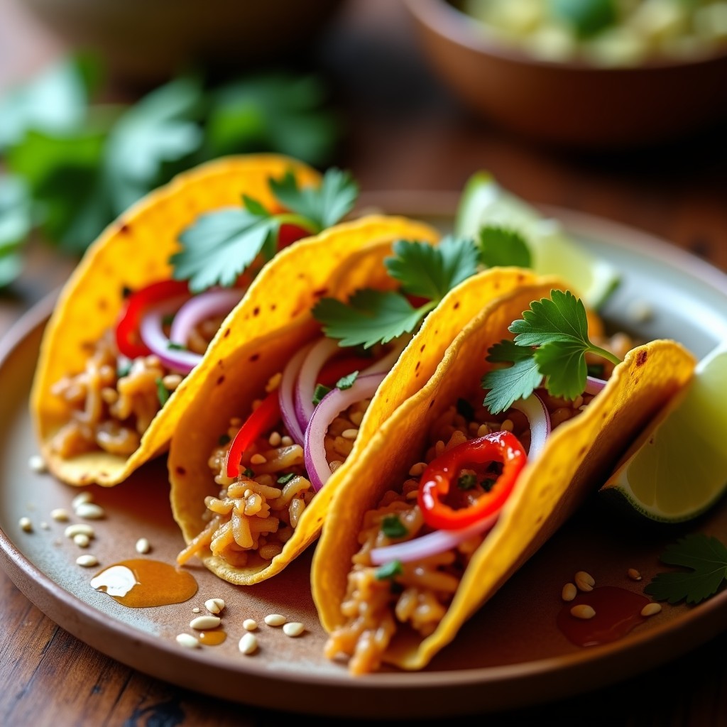 Tacos abiertos de maíz rellenos de jackfruit desmenuzado al horno con salsa agridulce, cebolla morada, pimiento rojo y decorados con cilantro fresco y semillas de sésamo.