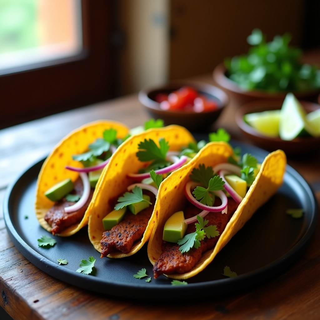 Plato de tacos veganos ahumados con seitán marinado en café y chipotle, servidos en tortillas de maíz con aguacate, cebolla morada y cilantro fresco.