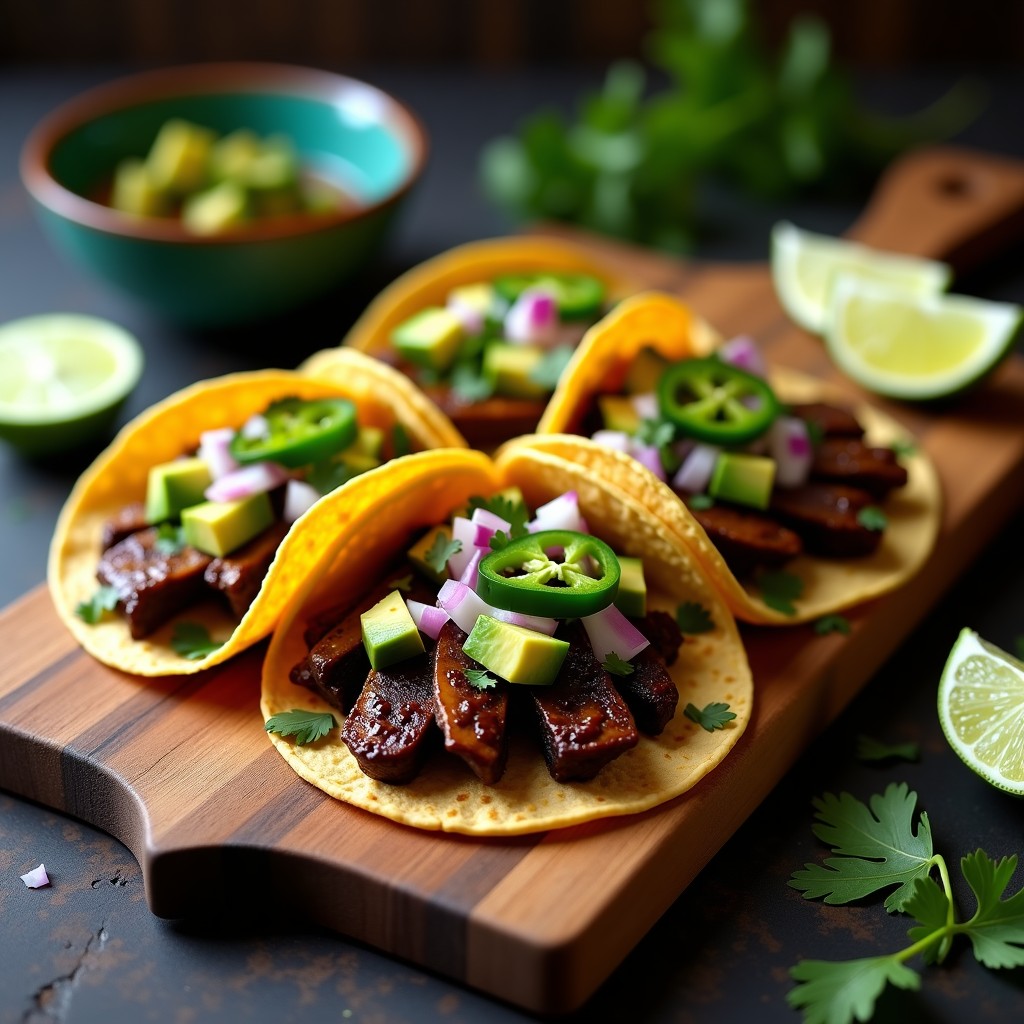 Plato de tacos veganos abiertos con champiñones portobello ahumados en tiras doradas, cebolla morada, aguacate y cilantro sobre tortillas de maíz, servidos en tabla de madera rústica.