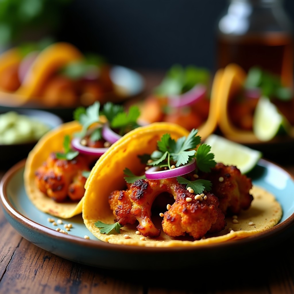 Tacos veganos de coliflor ahumada al café en airfryer, servidos en tortillas de maíz con cebolla morada, cilantro y semillas de sésamo. Plato colorido y apetitoso sobre fondo rústico de madera.