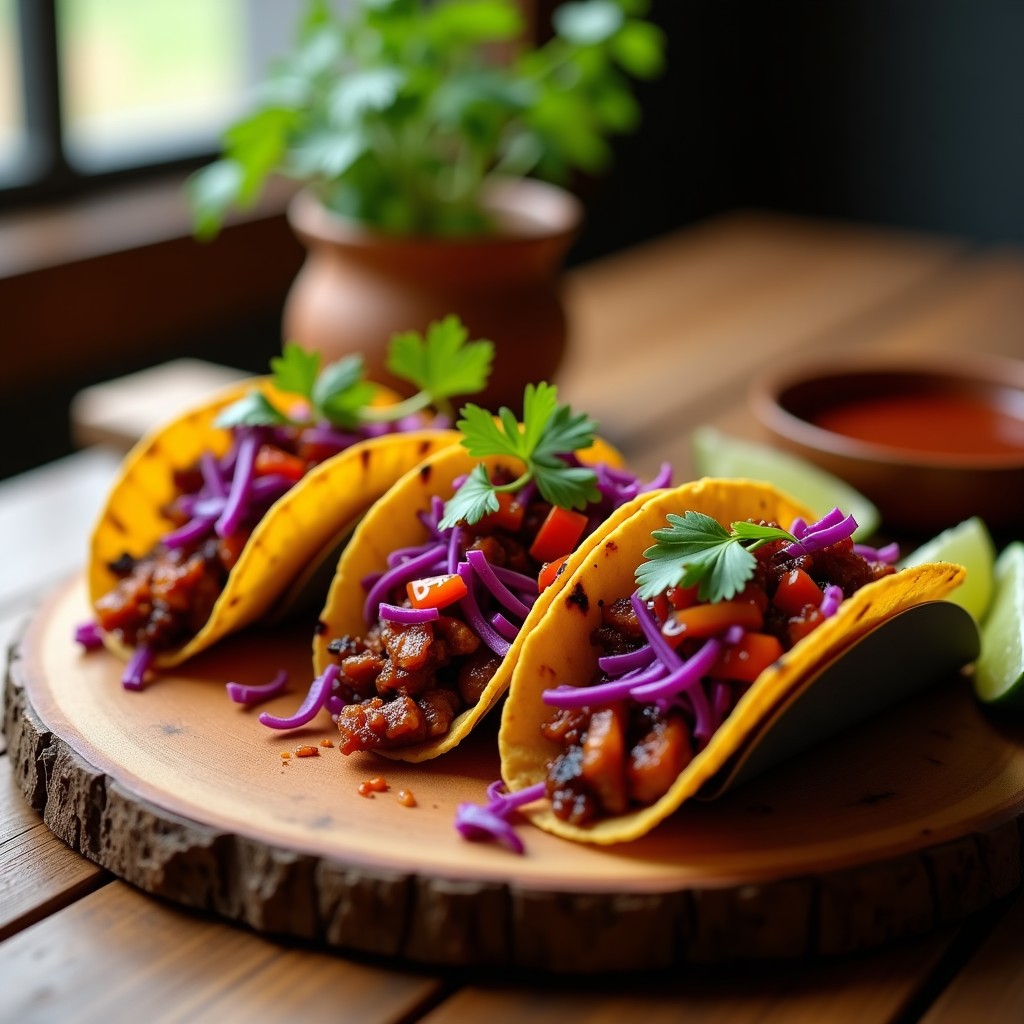 Plato de tacos ahumados de jackfruit pulled en tortillas de maíz, con repollo morado, cebolla, pimiento rojo y cilantro fresco, servidos con salsa barbacoa.