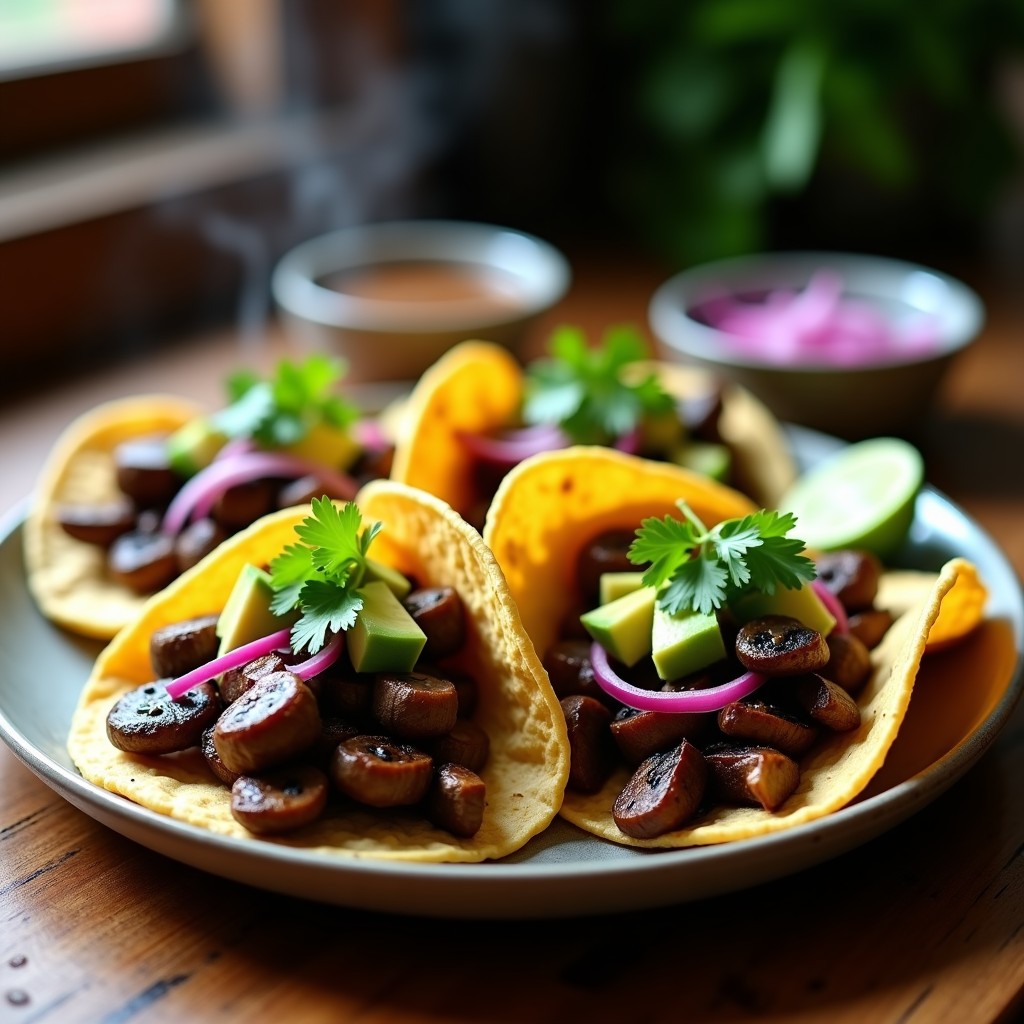 Plato de tacos ahumados de hongo ostra con café, servidos en tortillas de maíz doradas, acompañados de aguacate, cebolla morada y cilantro fresco.