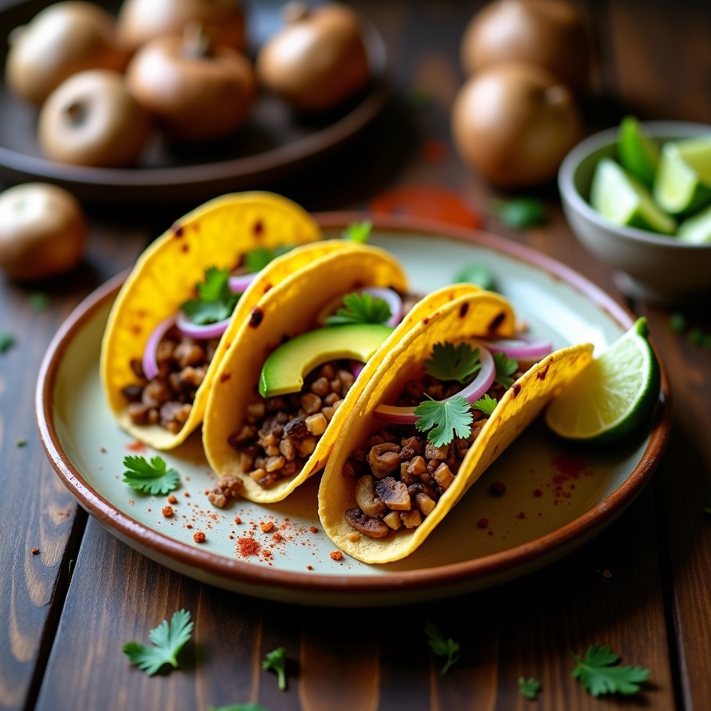 Tacos veganos de hongo ostra ahumado en tortillas de maíz, con aguacate, cebolla morada y cilantro fresco, servidos en un plato rústico de barro.