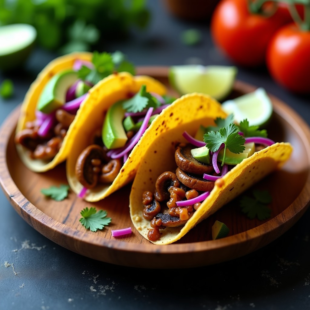 Tacos veganos de hongos oyster ahumados en tortillas de maíz, con cebolla morada, aguacate, cilantro y salsa chipotle, servidos en un plato de madera rústico.