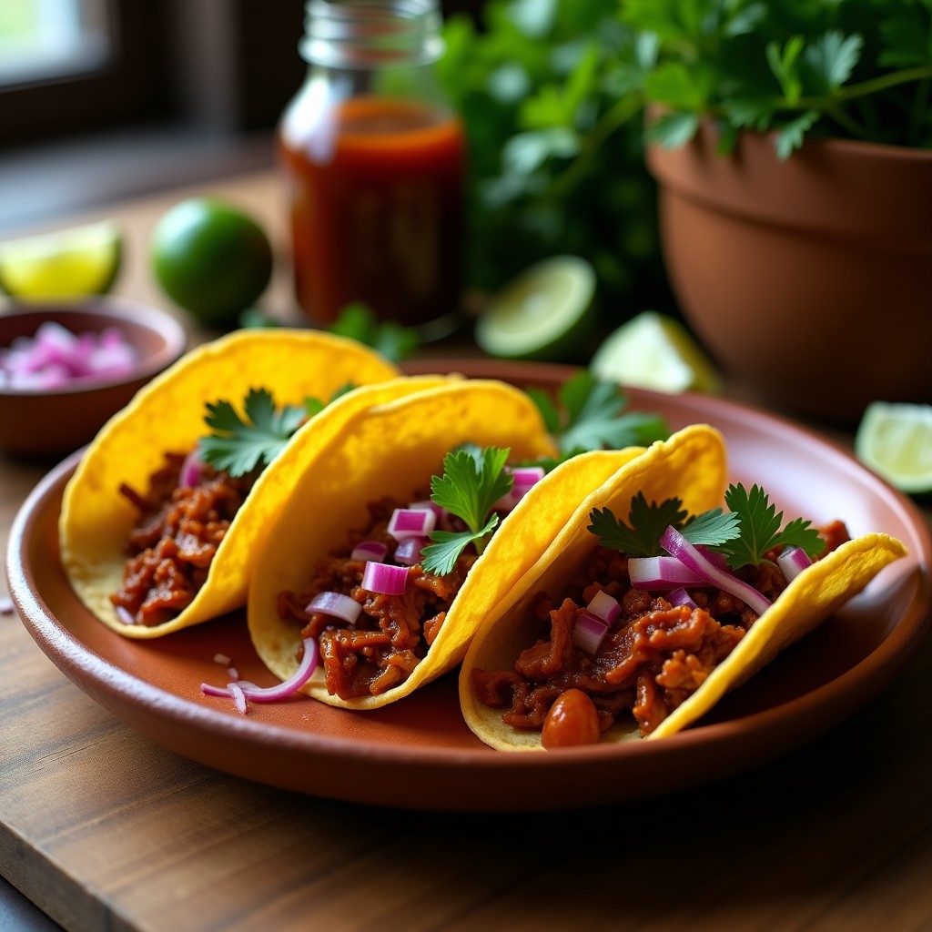 Plato de tacos veganos con jackfruit desmenuzado al adobo negro, servidos en tortillas de maíz con cebolla morada y cilantro fresco.