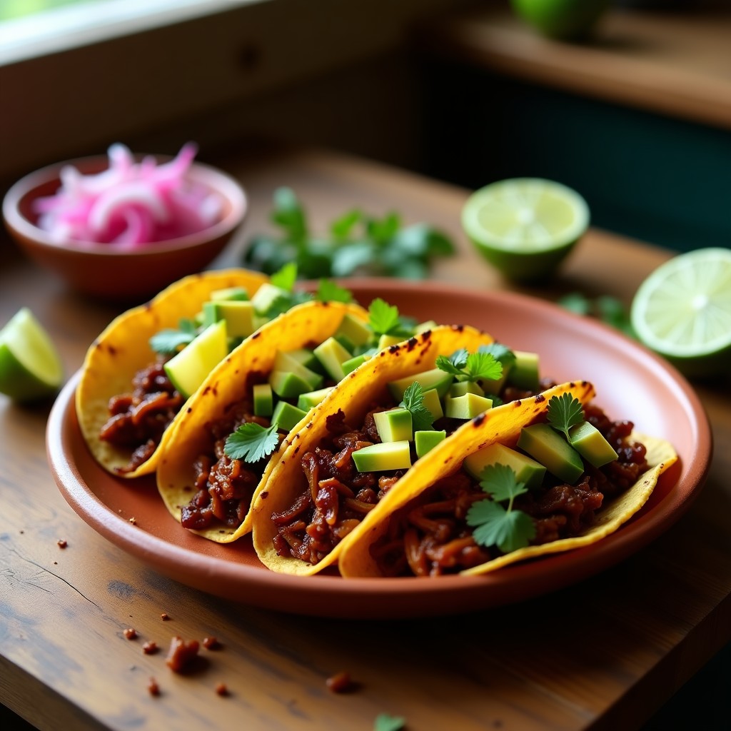 Plato de tacos de jackfruit ahumado al estilo barbecue en tortillas de maíz, acompañados de aguacate, cilantro fresco y gajos de lime sobre tabla de madera rústica.