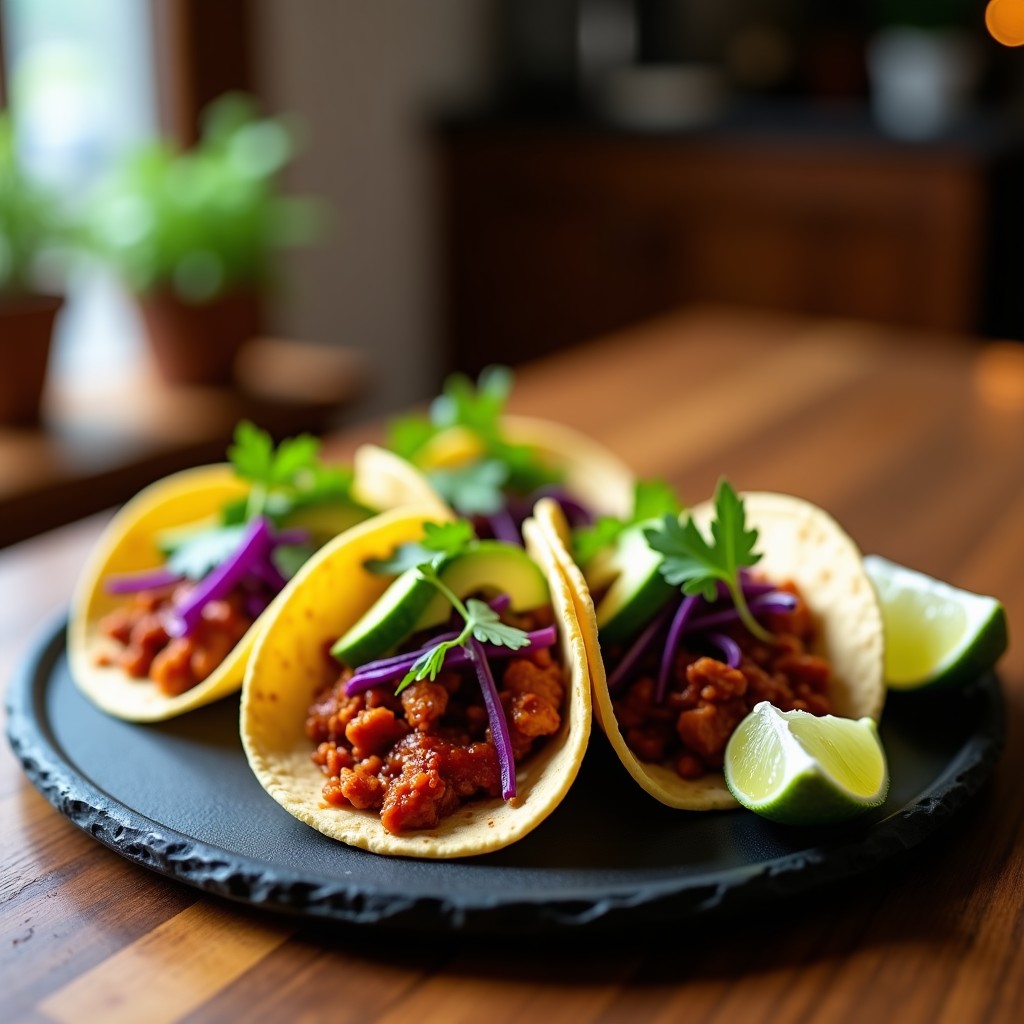 Plato de tacos veganos de jackfruit ahumado con salsa BBQ, servidos en tortillas de maíz crujientes, acompañados de aguacate, lechuga morada y cilantro fresco.