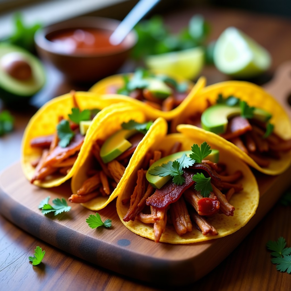 Plato de tacos abiertos con jackfruit ahumado desmenuzado, panceta vegana crujiente, aguacate en cubos y cilantro fresco sobre tortillas de maíz doradas, acompañados de gajos de limón.