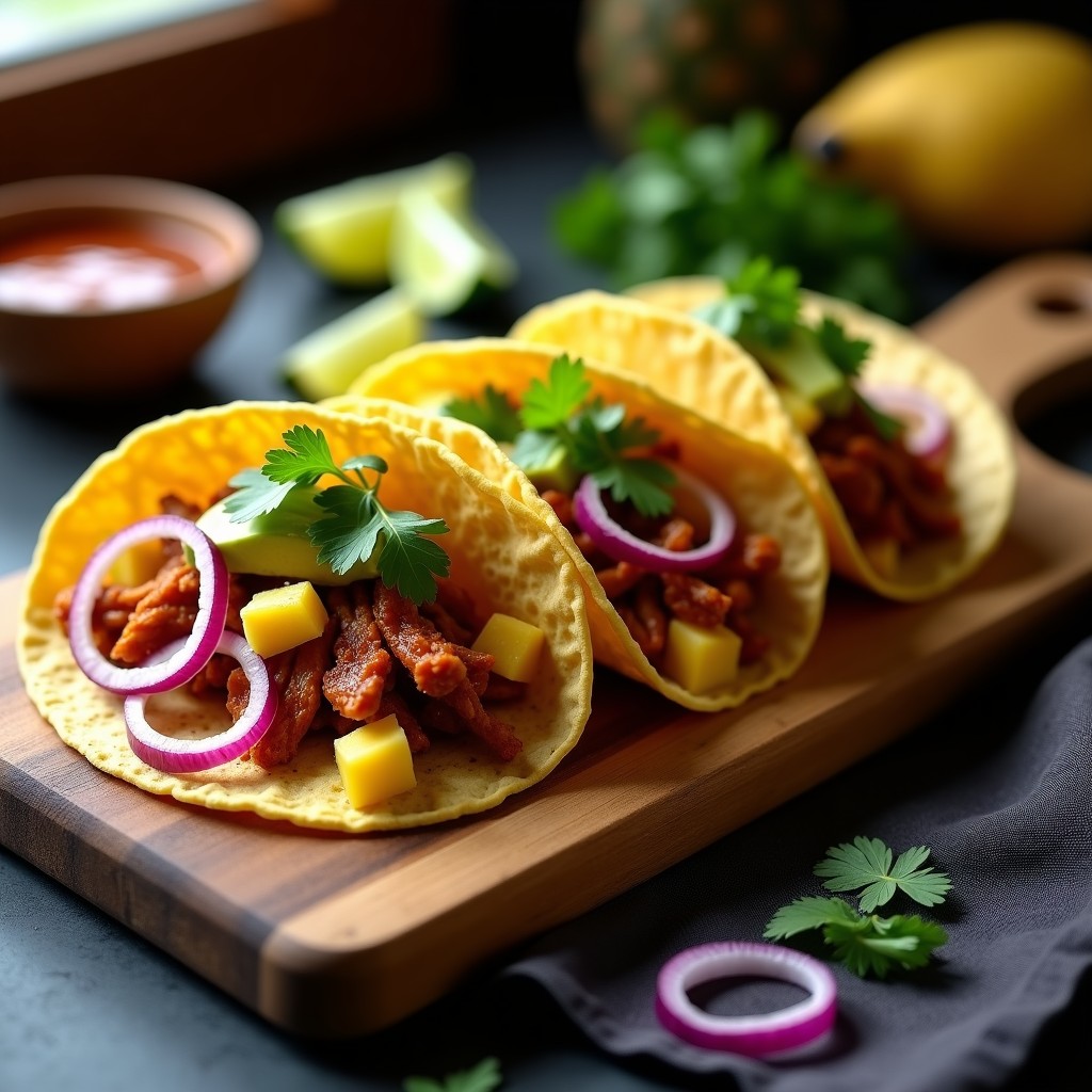 Plato de tacos veganos de jackfruit ahumada y piña caramelizada en tortillas de maíz, con cebolla morada, cilantro y aguacate, servidos en tabla de madera rústica.
