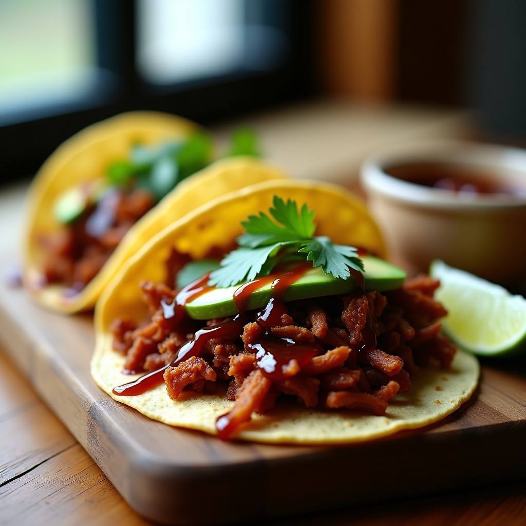 Plato de tacos veganos rellenos de jackfruit ahumado desmenuzado, con rodajas de aguacate, cilantro fresco y salsa barbacoa, sobre tortillas de maíz doradas. Receta de tacos de jackfruit ahumado estilo pulled pork.