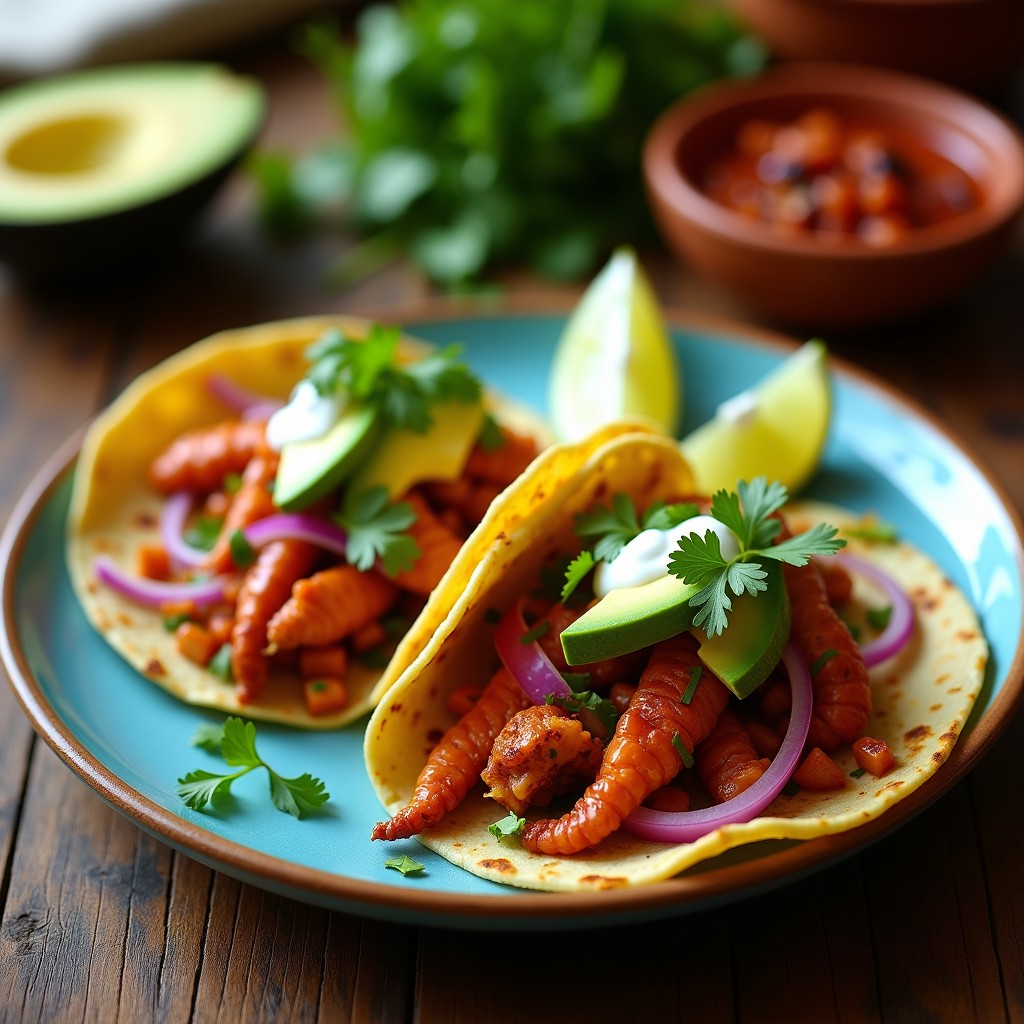 Plato de tacos de jaiba ahumada con chipotle servidos en tortillas de maíz azules, acompañados de cebolla morada, cilantro, aguacate y crema agria, sobre una mesa rústica de madera.