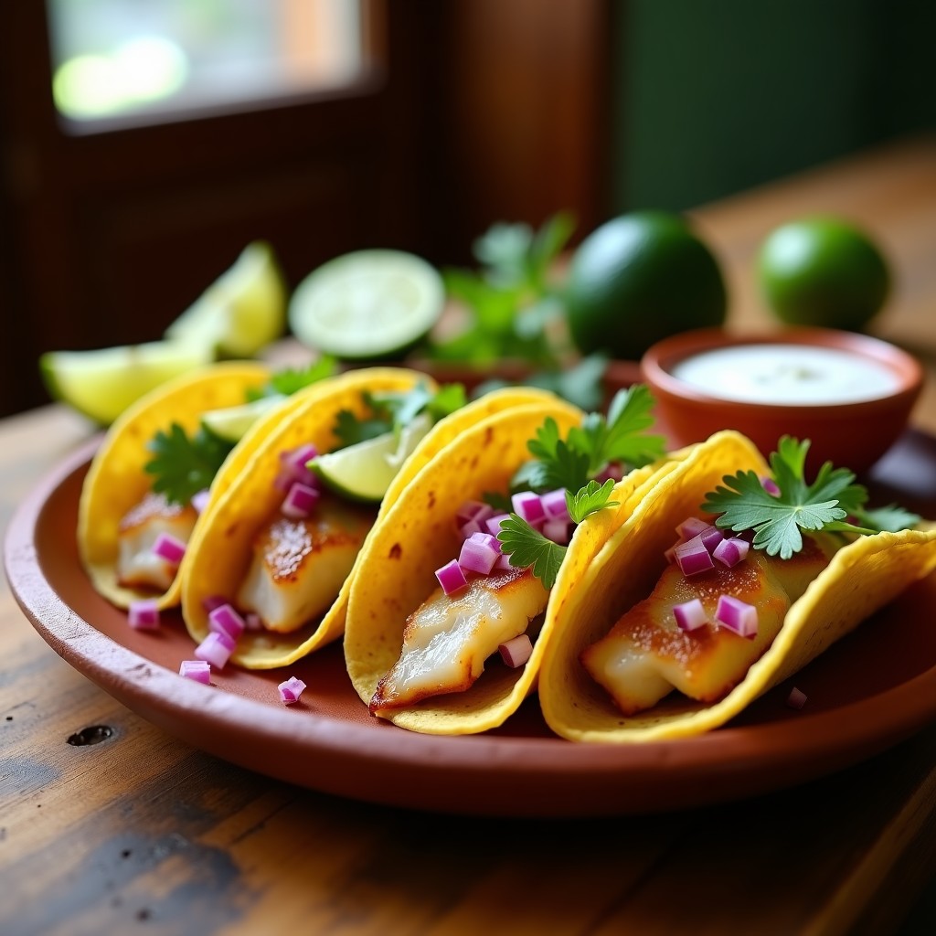 Plato de tacos de pescado blanco ahumado en tortillas de maíz doradas, acompañados de cebolla morada, aguacate en cubos y cilantro fresco, con un fondo rústico de madera y limones cortados.