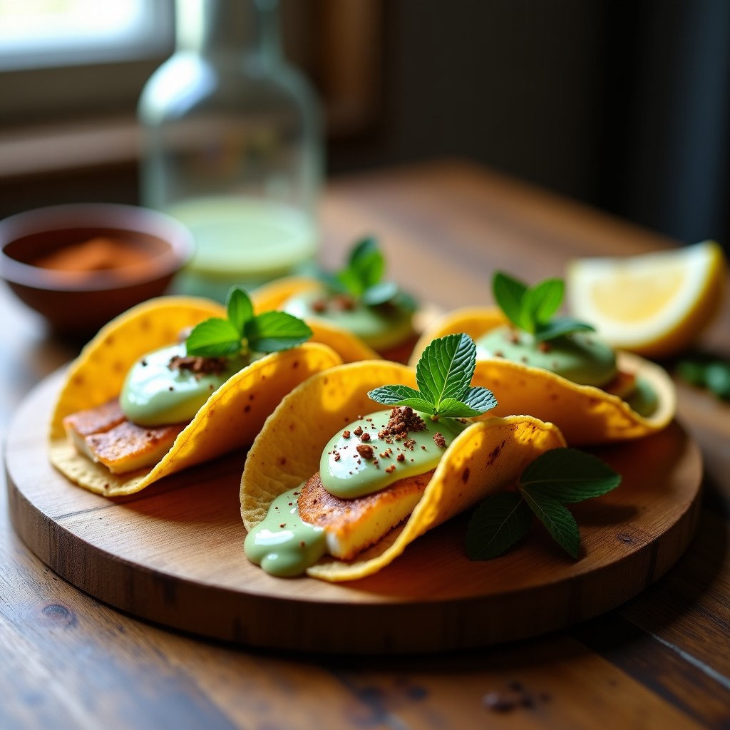 Plato con tacos de pescado blanco ahumado desmenuzado, tortillas de maíz doradas, salsa cremosa de yogur con zaatar y hierbabuena fresca, servidos en tabla de madera rústica.