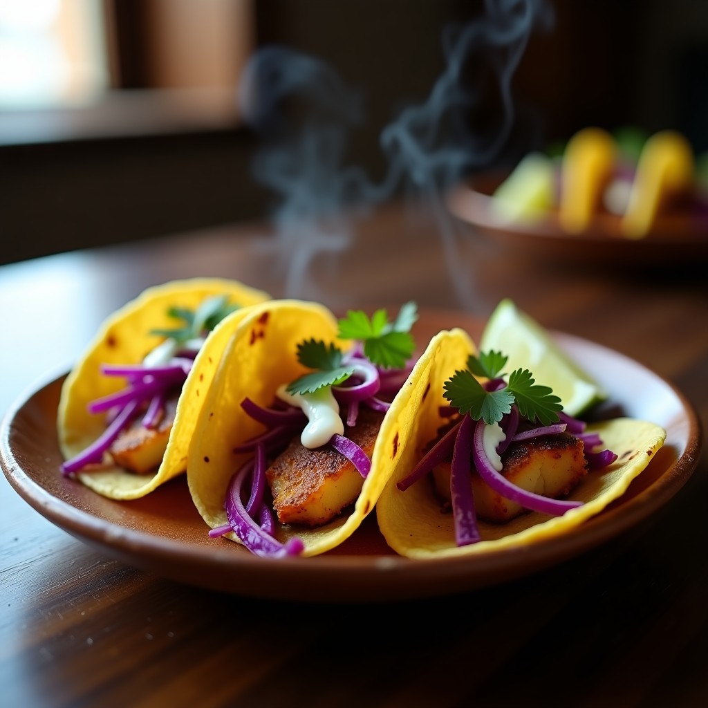 Tacos de pescado ahumado al chipotle en plato de barro, con tortillas doradas, merluza desmenuzada, repollo morado, cebolla roja y salsa de yogur. Receta de tacos al horno crujientes.