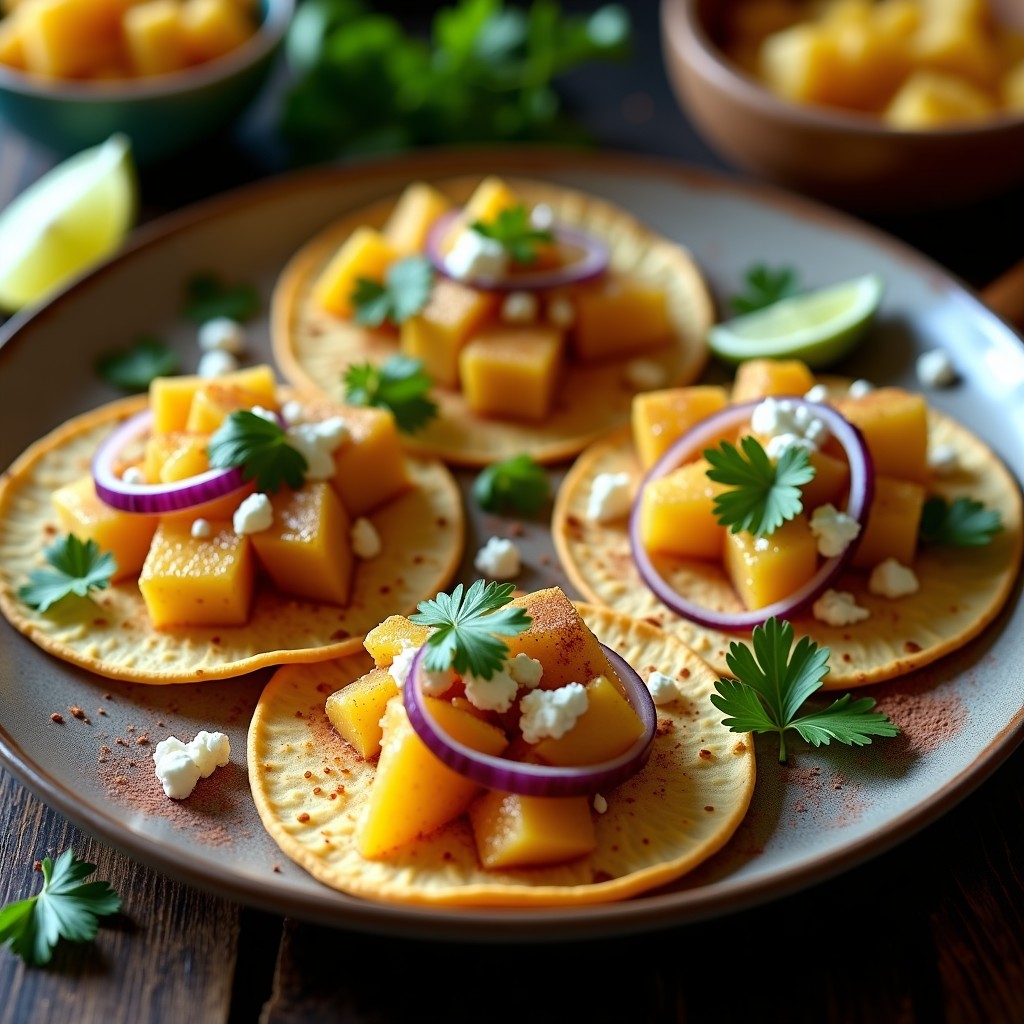 Plato de tacos de maíz abiertos con piña asada dorada, queso azul desmenuzado, cebolla morada y cilantro fresco, bañados en miel y pimienta de chipotle.