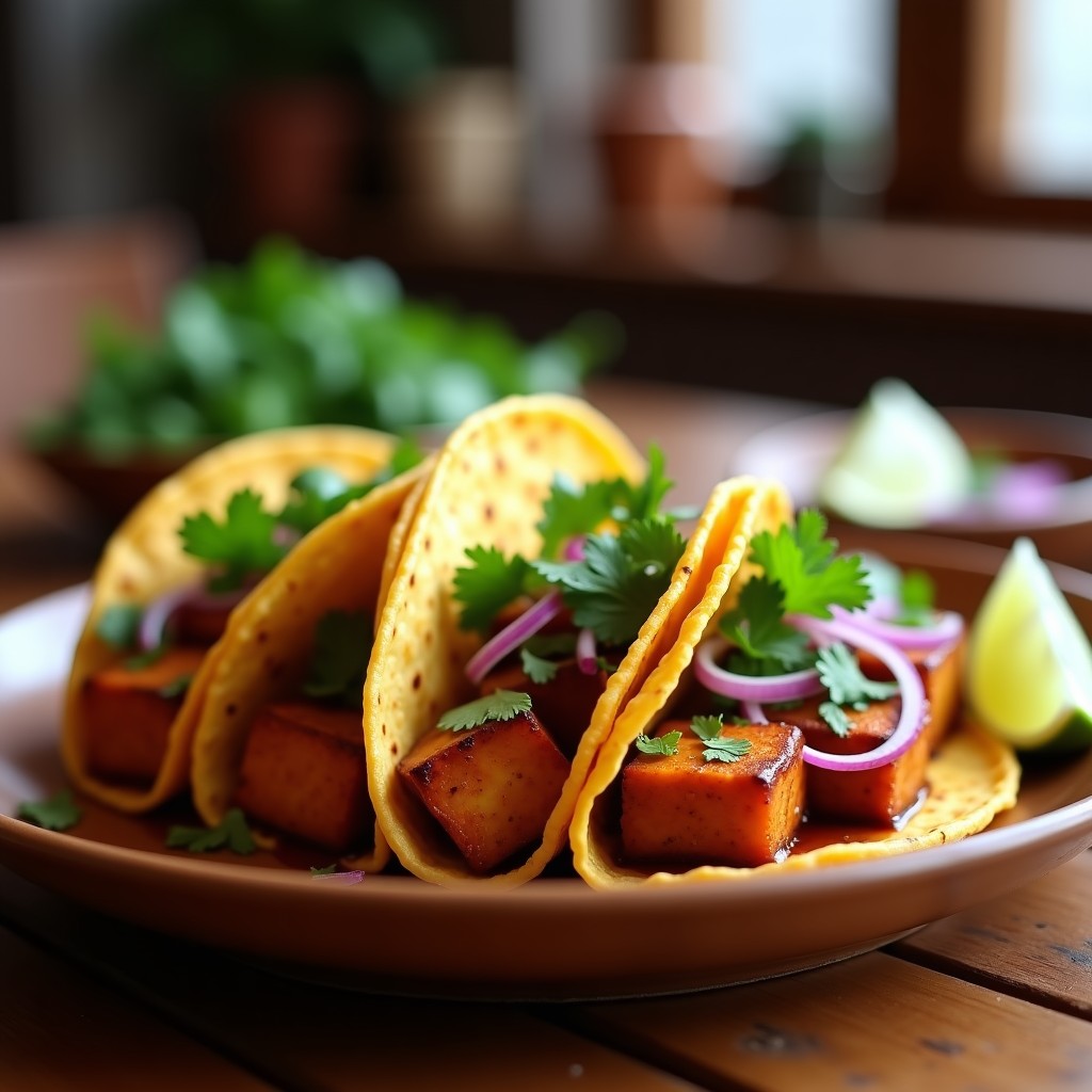Plato de tacos de tofu ahumado en adobo casero con tortillas de maíz doradas, cebolla morada picada, cilantro fresco y gajos de limón. Receta vegana alta en proteína.