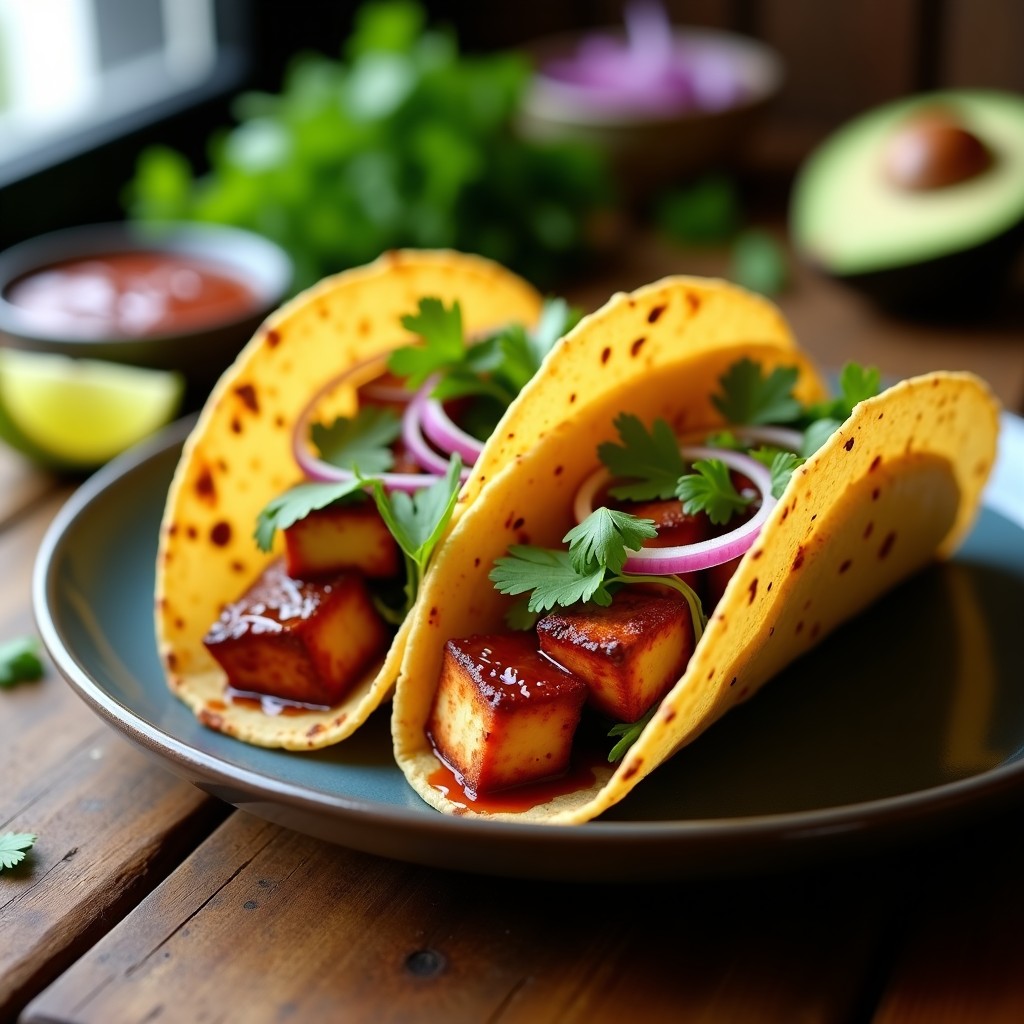 Plato de tacos veganos con tofu ahumado dorado, salsa de chipotle, cebolla morada, aguacate y cilantro sobre tortillas de maíz, receta express.