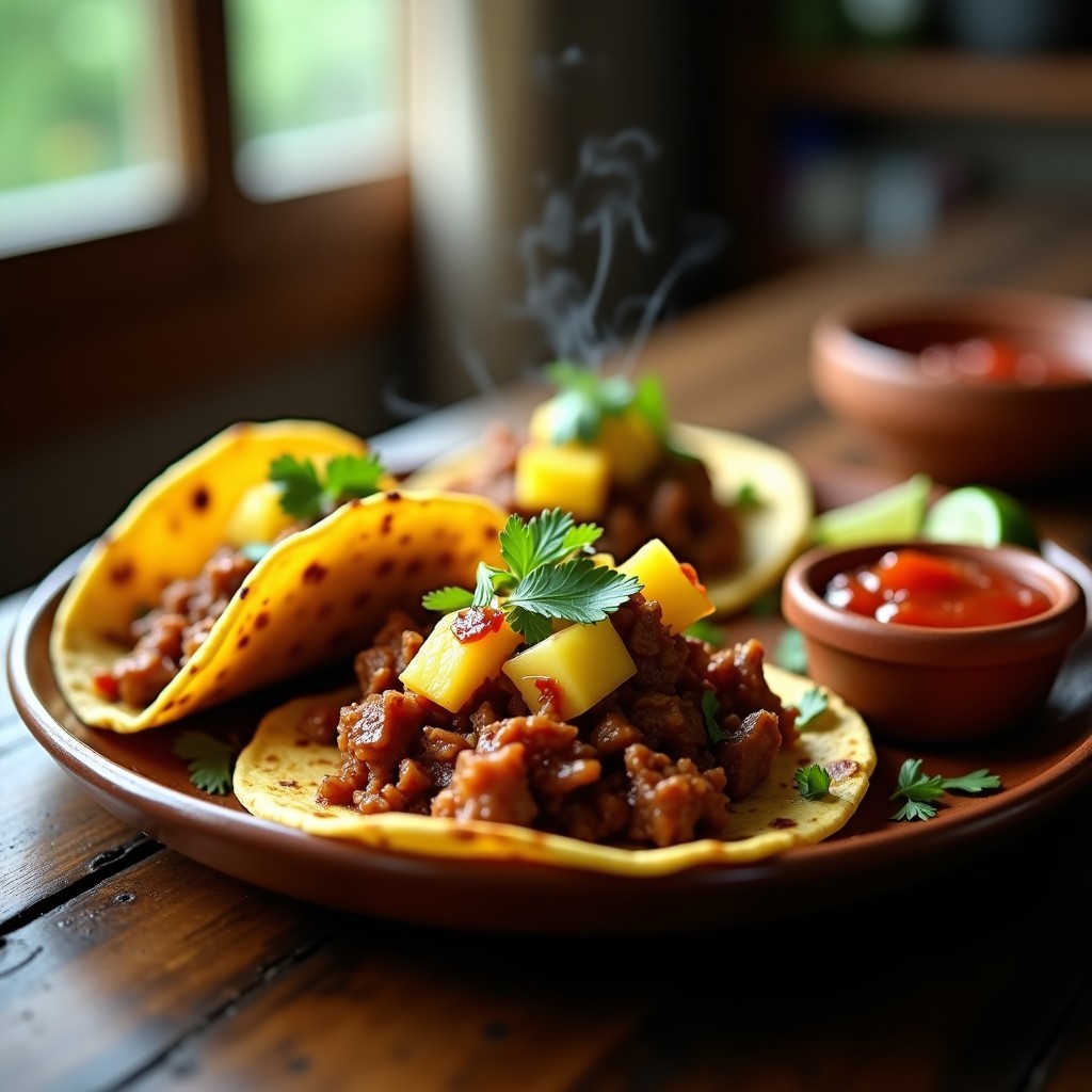 Tacos al Pastor con carne de cerdo marinada en achiote y piña asada, servidos con tortillas de maíz y cilantro fresco