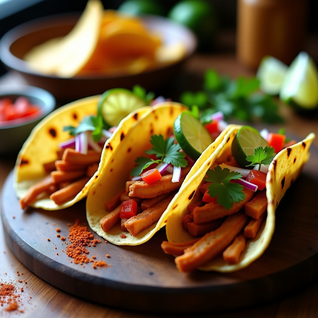 Plato de tacos al pastor veganos en tortillas de maíz, rellenos de jackfruit desmenuzado dorado, piña caramelizada y pico de gallo fresco, servidos sobre una tabla de madera oscura con rodajas de lime.