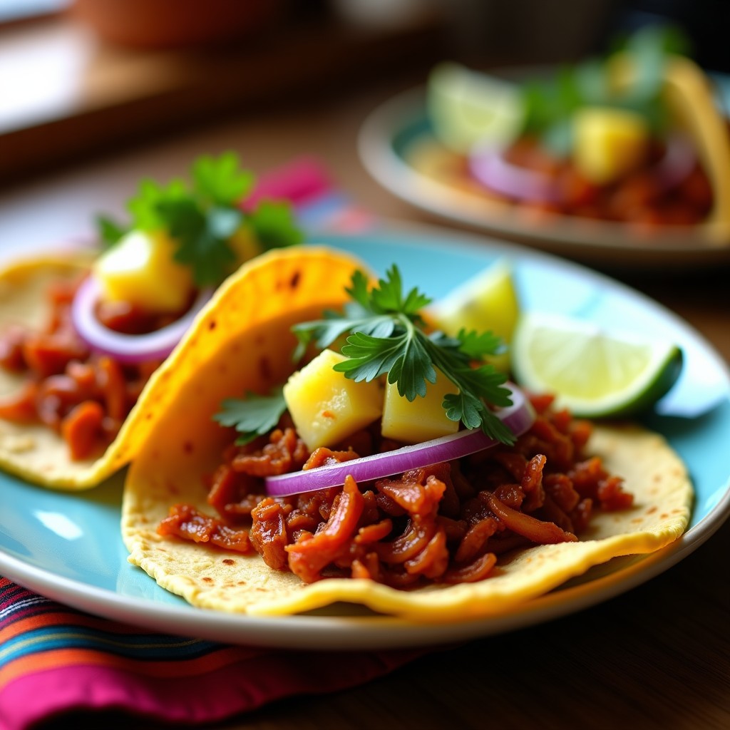 Plato de tacos al pastor veganos con jackfruit desmenuzado, cebolla morada, piña fresca y cilantro, servidos en tortillas de maíz con rodajas de lime al lado.