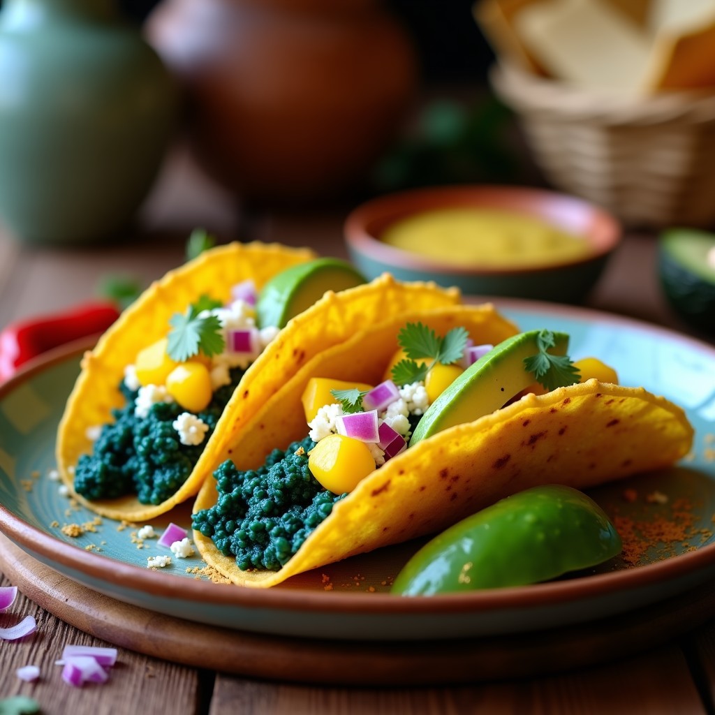 Plato de tacos de alga espirulina y queso feta vegano con salsa de mango, cebolla morada y cilantro, servidos en tortillas de maíz azul crujientes, receta mexicana vegana en airfryer.