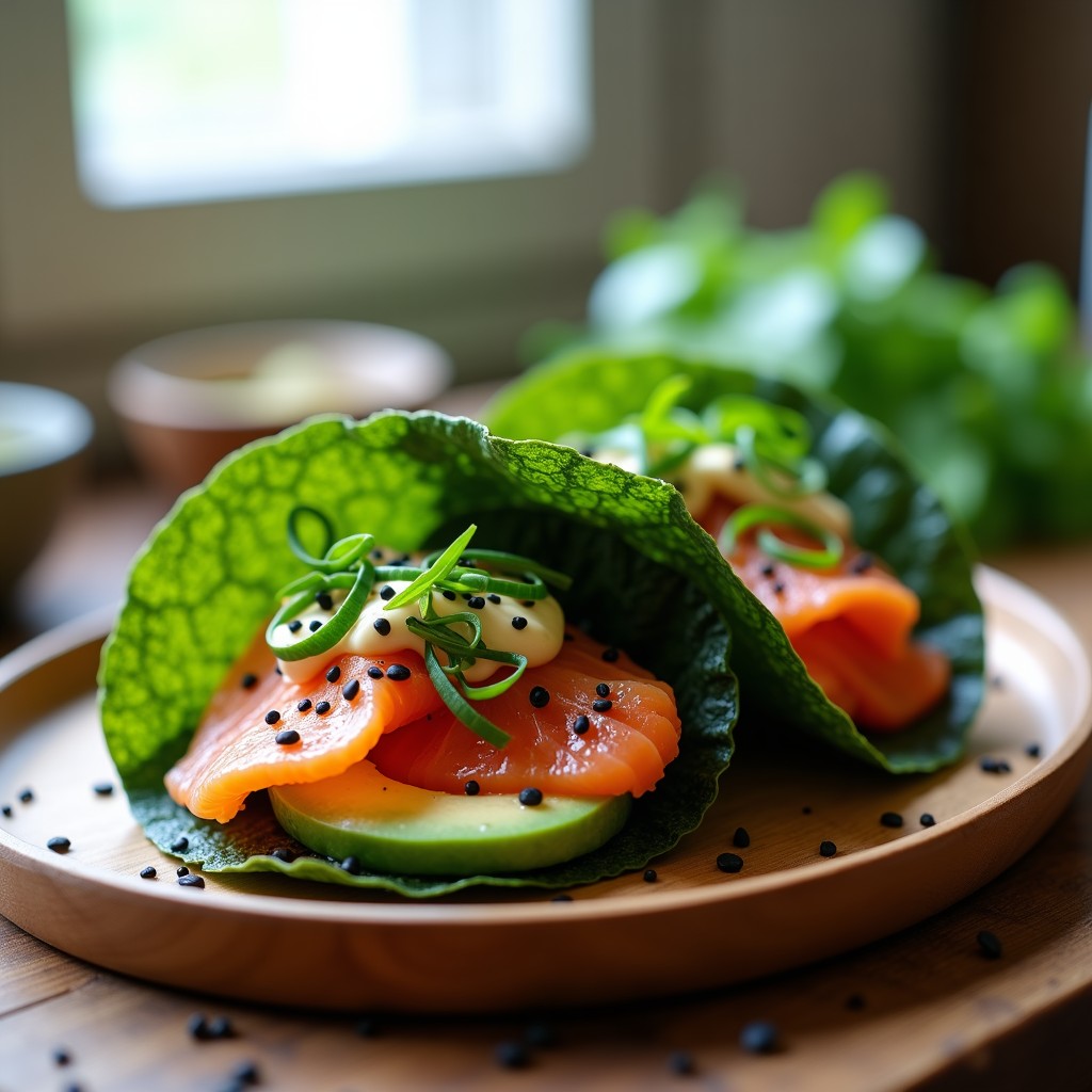 Tacos crujientes de alga nori tostada en airfryer, rellenos de salmón ahumado escandinavo en tiras, crema de wasabi suave y espolvoreados con semillas de sésamo negro y cebollino picado. Receta fusion japonesa-escandinava en airfryer, presentados en un plato de madera oscura con fondo minimalista.