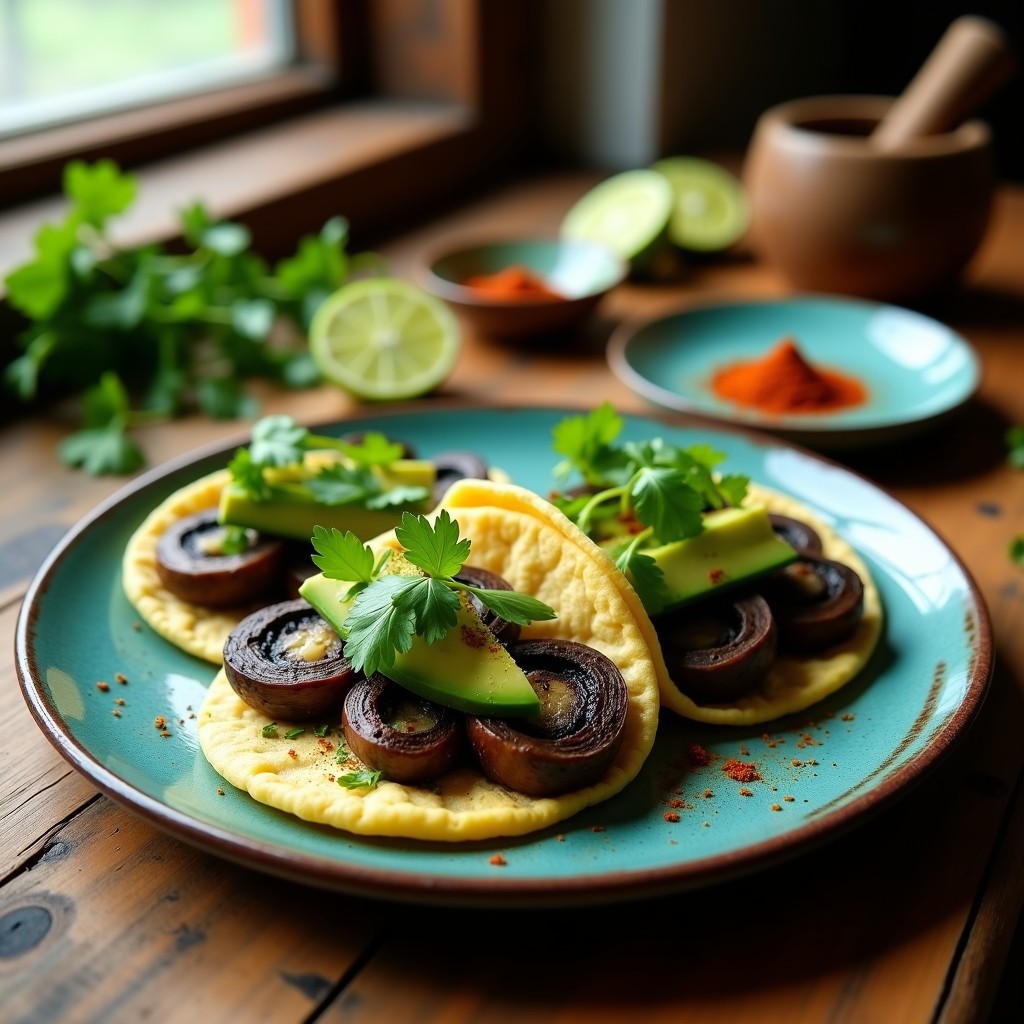 Plato de tacos mexicanos veganos rellenos de champiñones portobello salteados con alga espirulina, acompañados de aguacate, cilantro y salsa verde sobre tortillas de maíz azules. Receta alta en proteína y sin gluten.