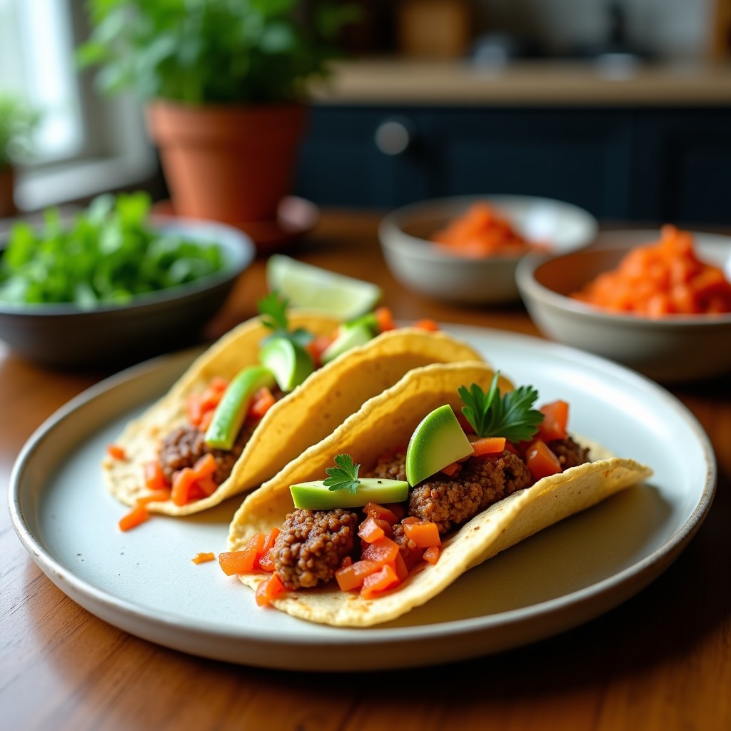 Tacos crujientes de algas nori rellenos de láminas de aguacate cremoso, kimchi fermentado de color rojo intenso, juliana de pepino y zanahoria morada, decorados con semillas de sésamo negro y cilantro fresco sobre una tabla de madera oscura. Receta coreana vegana y crudivegana.