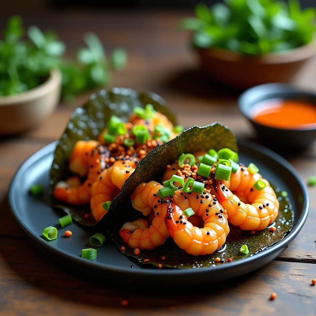 Tacos abiertos de algas nori rellenos de camarones dorados y crujientes, bañados en salsa de maracuyá brillante, decorados con semillas de sésamo negro y cebollino picado sobre un plato de madera oscura, receta fusión japonesa-peruana en airfryer.
