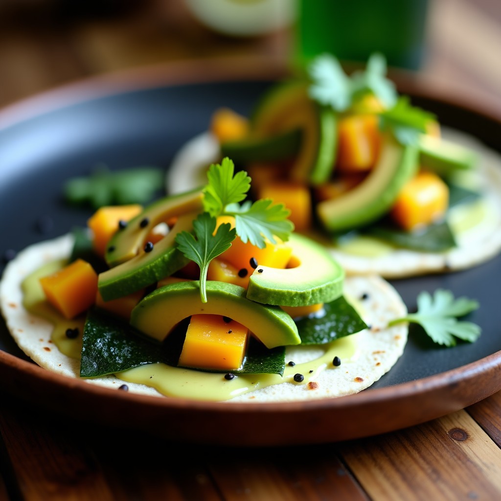 Tacos veganos y keto de algas nori tostadas rellenos de mango maduro, aguacate cremoso, pepino y cebolla morada, acompañados de salsa de wasabi y decorados con semillas de sésamo negro y cilantro fresco sobre un plato de madera oscura.