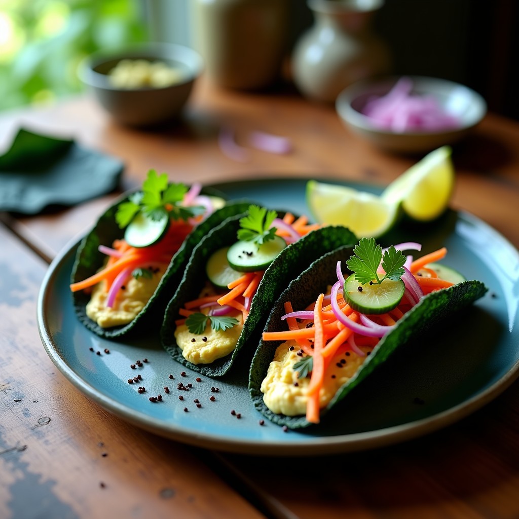 Tacos abiertos de algas nori rellenos de queso cremoso de anacardo, tiras de pimiento rojo asado, algas wakame y semillas de sésamo negro, sobre fondo de madera rústica. Receta vegana sin gluten con toque umami.