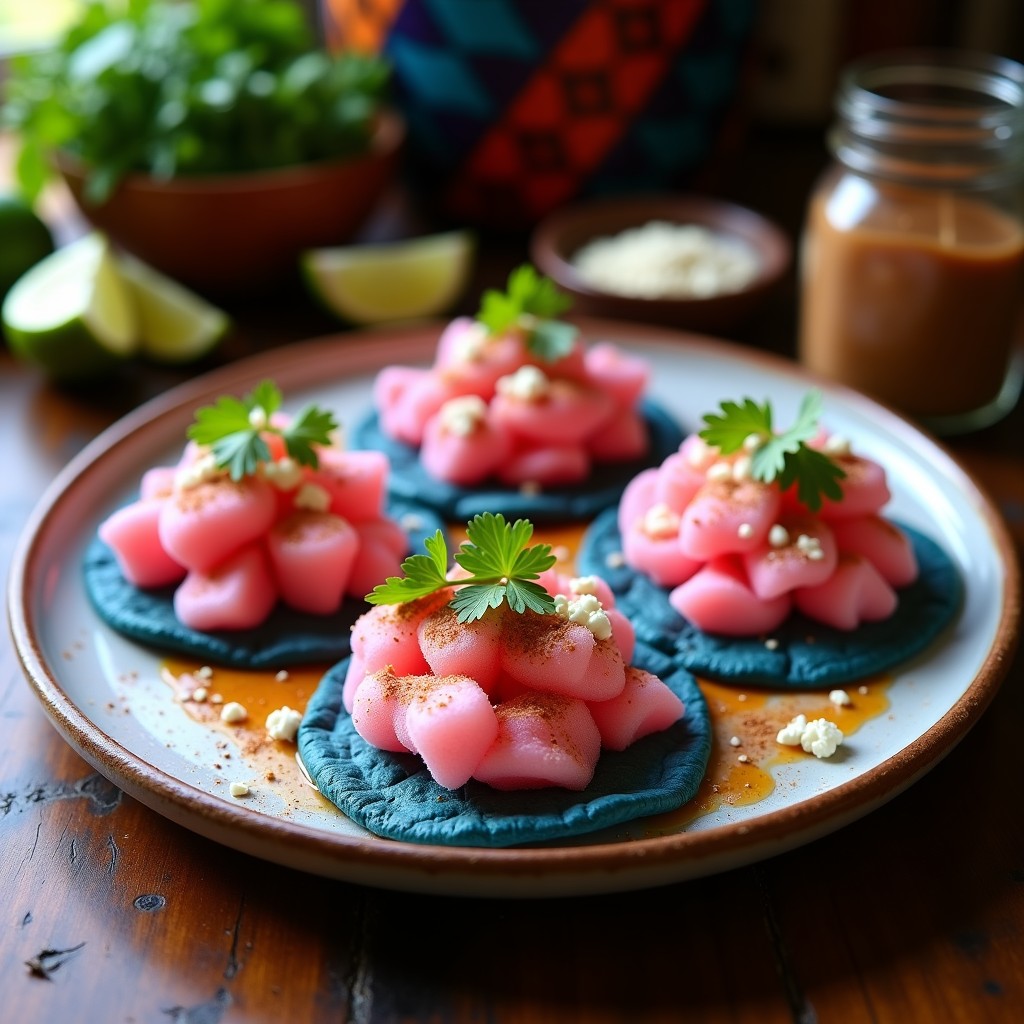 Tacos de maíz azul rellenos de algodón de azúcar rosa y blanco, espolvoreados con especias mexicanas, decorados con queso fresco, cilantro y pétalos de rosa comestible sobre un plato de barro rústico.