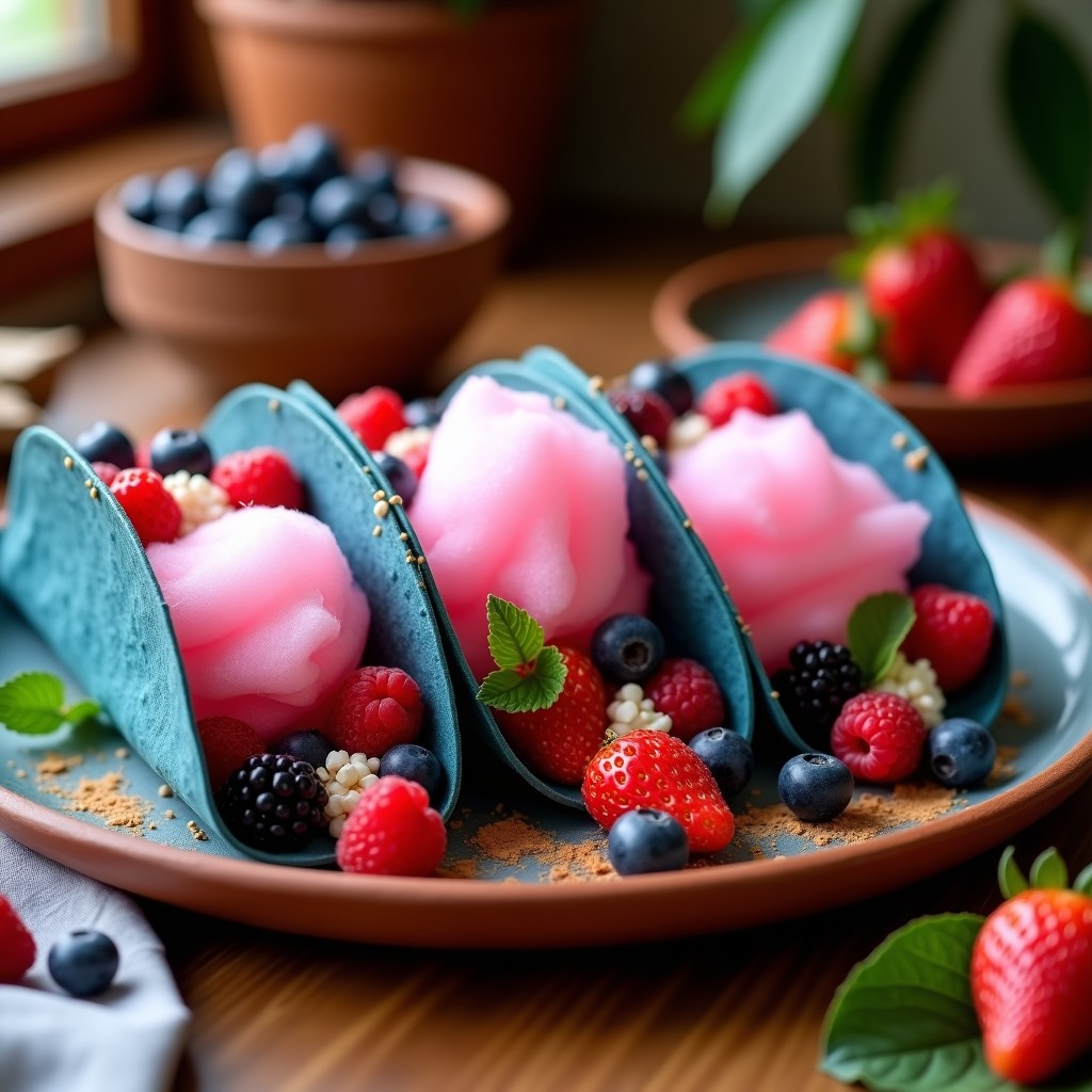 Tacos dorados rellenos de algodón de azúcar esponjoso y frutos rojos frescos, presentados en un plato de barro con detalles mexicanos.