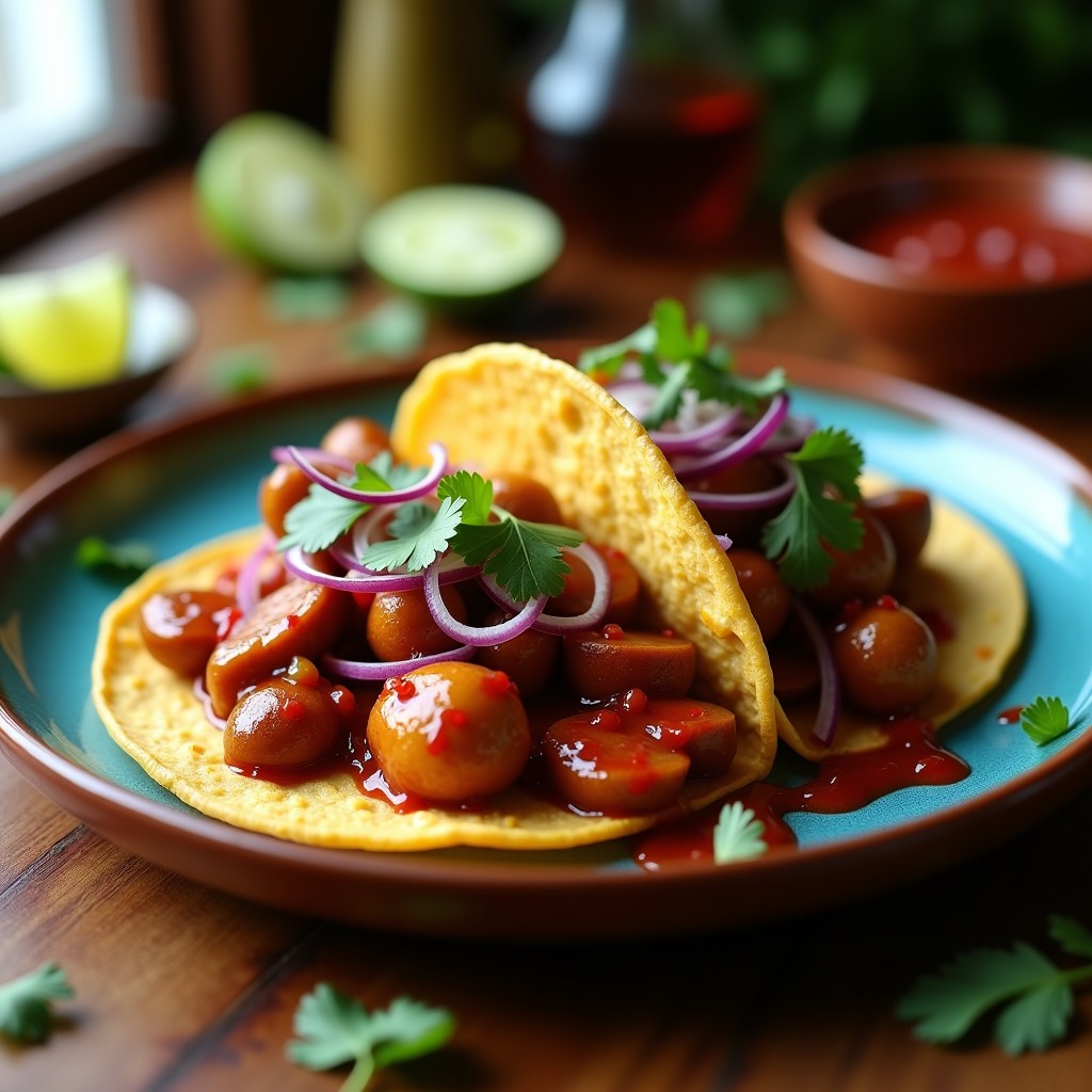 Plato de tacos veganos de barbacoa con setas shimeji doradas en airfryer, tortillas de maíz, salsa de guajillo roja, cebolla morada picada y cilantro fresco, sobre una mesa de madera rústica.