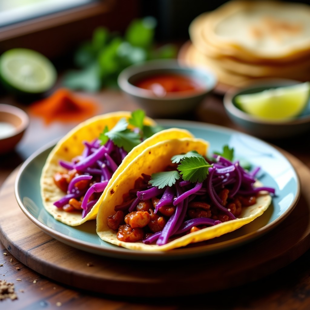Plato de tacos veganos de barbacoa de jackfruit desmenuzado con repollo morado encurtido, salsa BBQ brillante y cilantro fresco, servidos en tortillas de maíz sobre una tabla de madera rústica.
