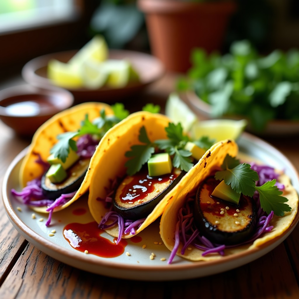 Tacos abiertos de berenjena ahumada en airfryer, con rodajas doradas de berenjena, aguacate en cubos, repollo morado y cilantro fresco, sobre tortillas de maíz tostadas. Decorados con semillas de sésamo y salsa de chipotle.
