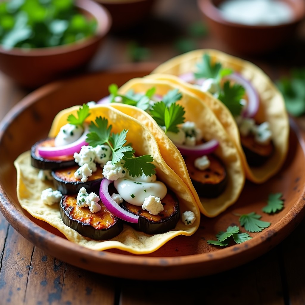 Tacos de maíz abiertos sobre un plato de madera, rellenos de berenjena ahumada en rodajas, queso azul desmenuzado, cebolla morada encurtida, yogur griego y cilantro fresco, con fondo borroso de cocina.