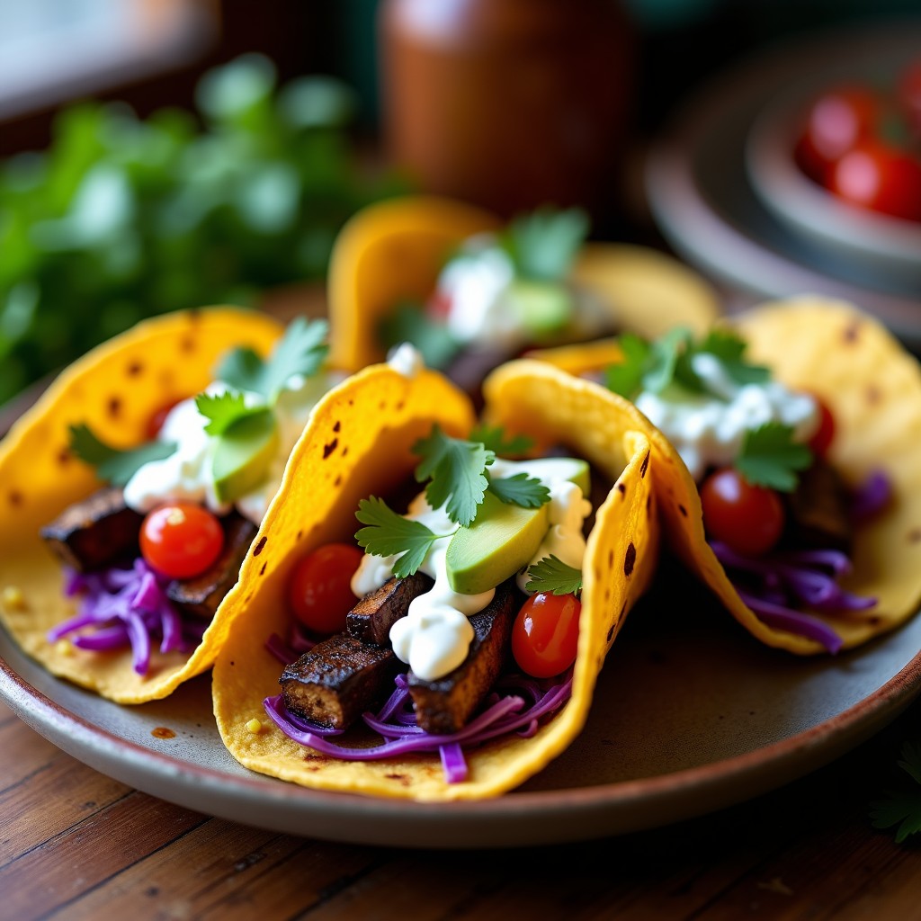Plato de tacos abiertos con tortillas de maíz rellenas de berenjena ahumada dorada, queso feta desmenuzado, aguacate, tomate cherry y lechuga morada, acompañados de salsa de yogur y cilantro fresco. Receta de tacos de berenjena ahumada vegana.